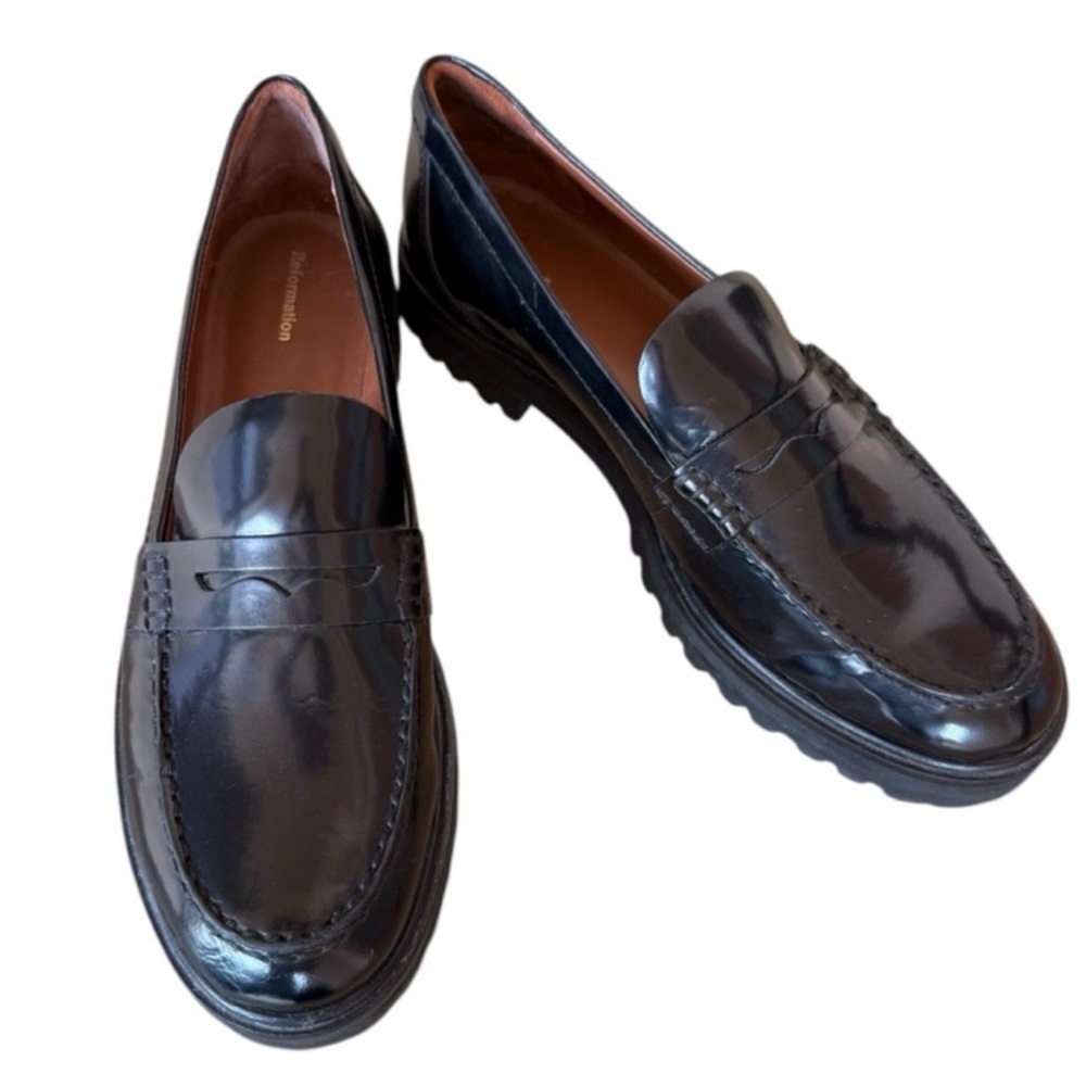 Reformation Black Patent Leather Lug Chunky Sole Penny Loafers